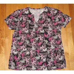 Willow Brook Black & Pink Butterfly Nurses Scrub Top Woman's Size M